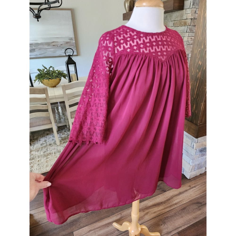 Umgee USA Womens Small Burgundy Lace Yoke 3/4 Sleeve Babydoll Dress